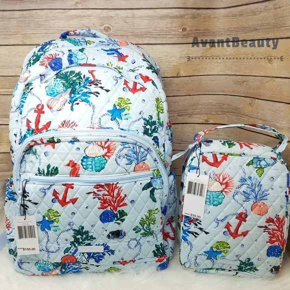 Vera Bradley Large Essential Backpack Anchors Aweigh Lunch Bunch Set Cotton Blue - Picture 1 of 16